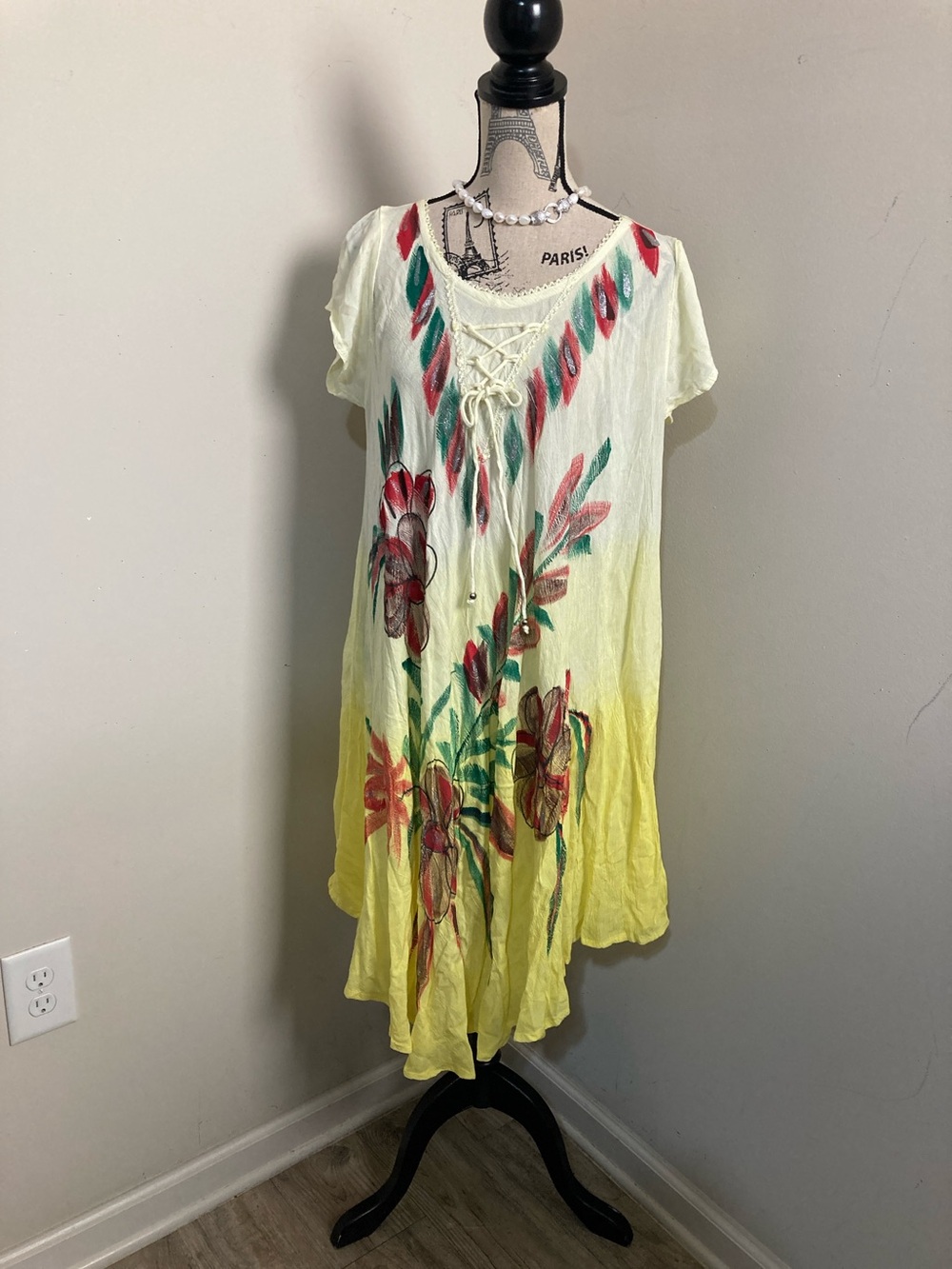 Yellow Lace-Up Floral Ombre Midi Dress